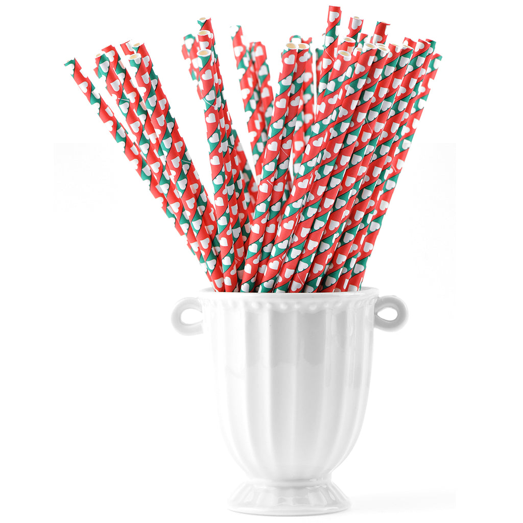 Green Red Striped with White Hearts Paper Straws — STRAWTOPIA