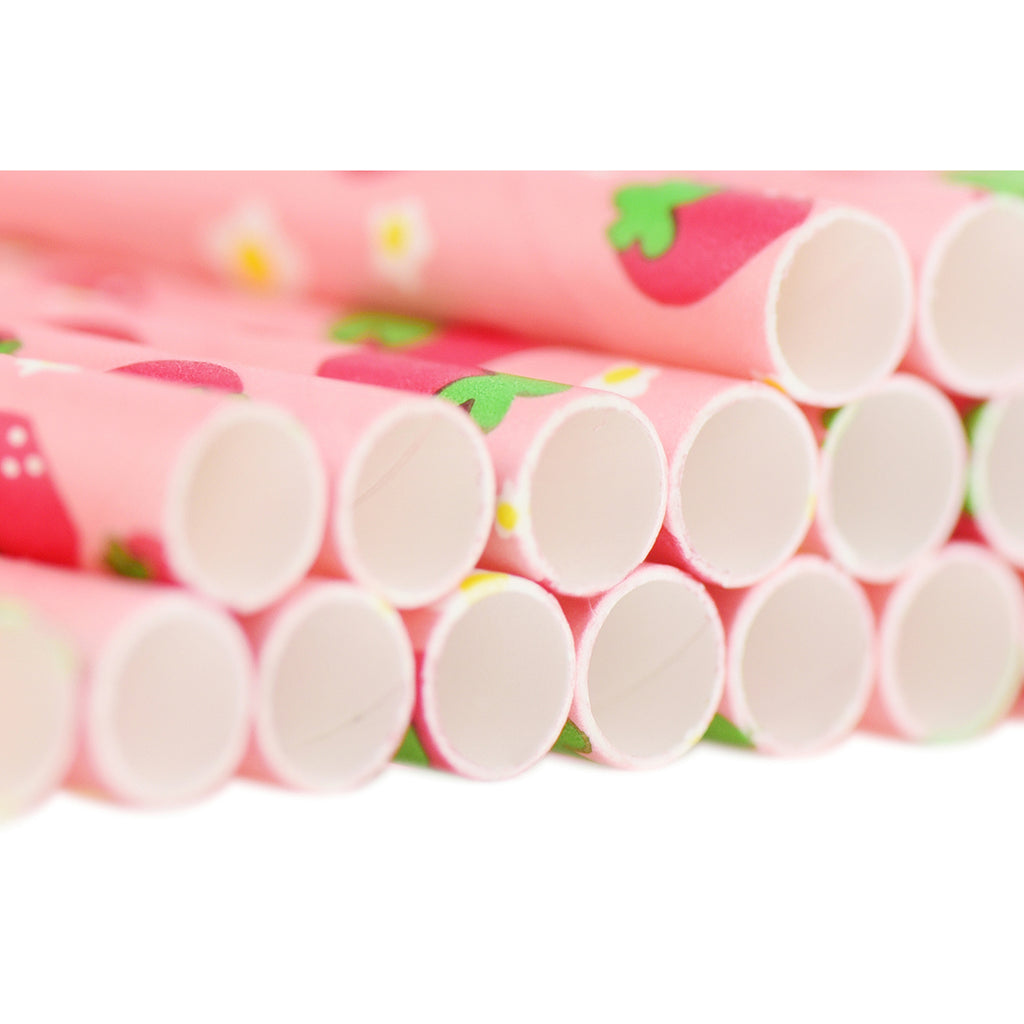 Strawberry Pattern Paper Straws - Pink Red Green - 7.75 Inches - 50 Pack