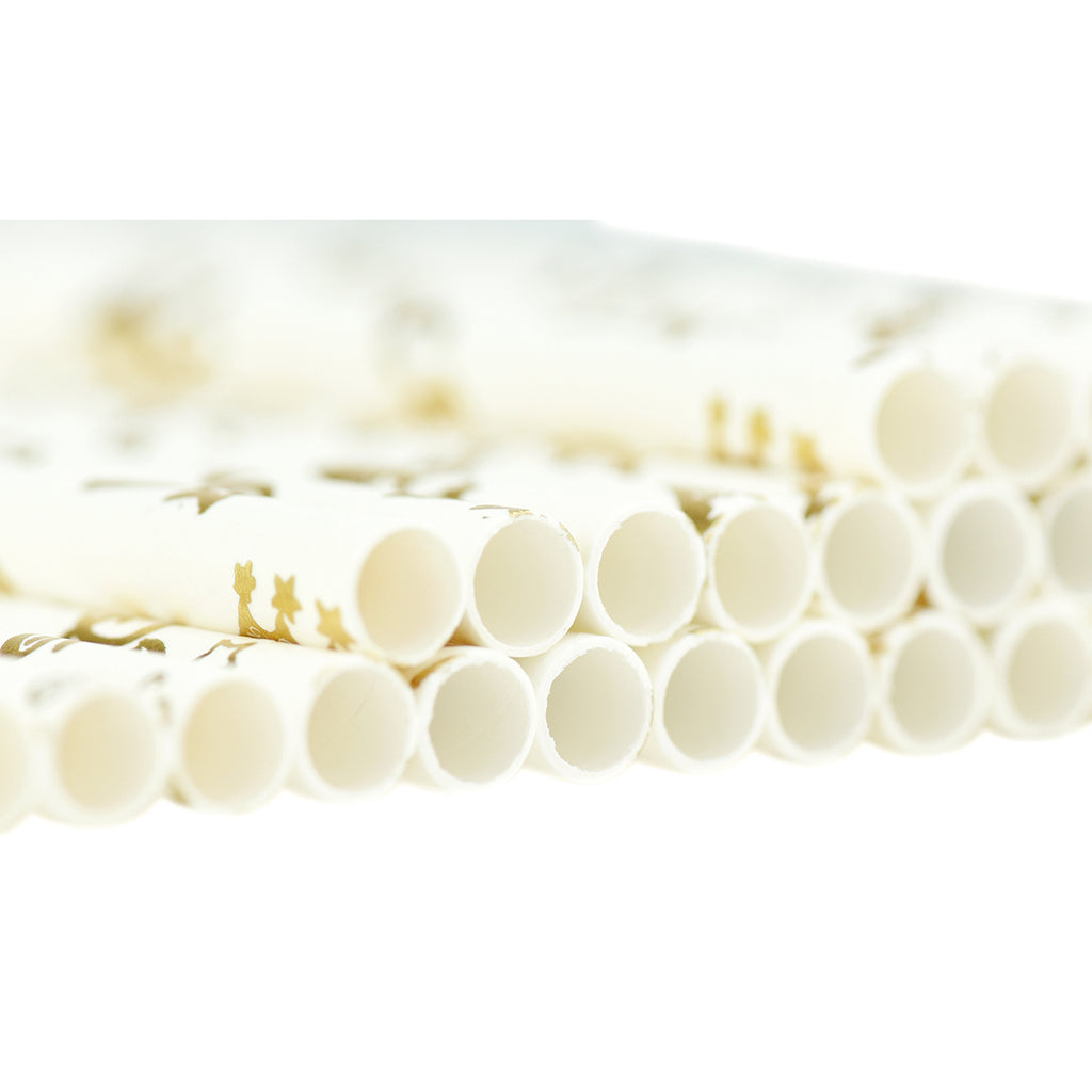 Metallic Golden Stars on White Paper Straws - STRAWTOPIA