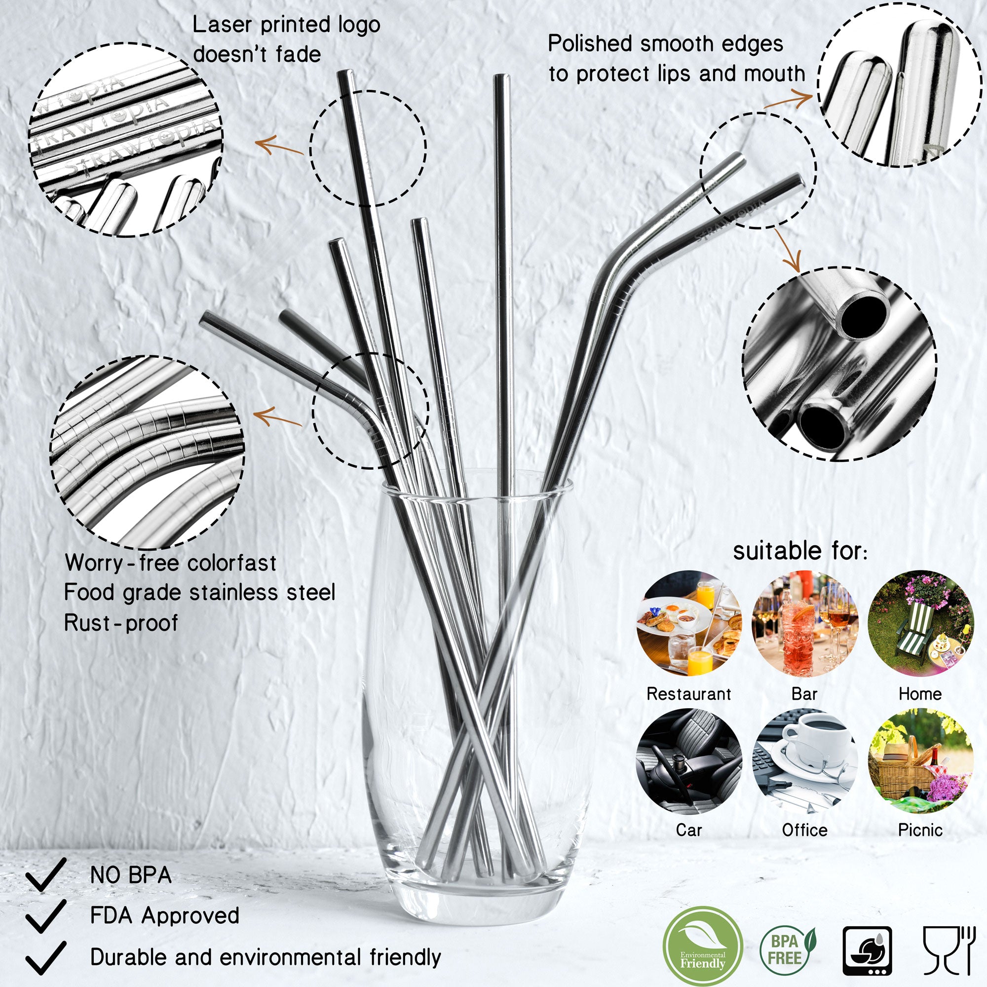 11 PC Set Reusable Metal Straws with Cleaning Brushes 8.5 inches