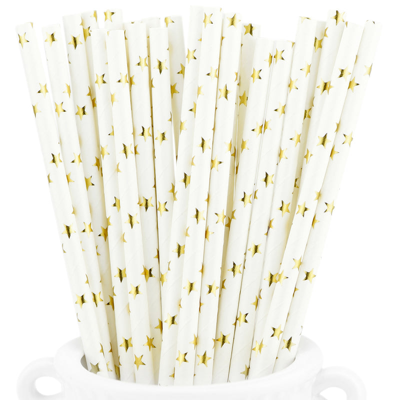 Gold Stars on White Paper Straws — STRAWTOPIA